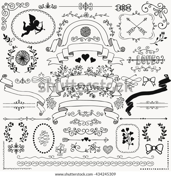 Vector\
Black Hand Sketched Rustic Floral Doodle Swirls, Branches, Design\
Elements. Decorative Corners, Dividers, Arrows, Scrolls, Ribbons.\
Hand Drawing Vector Illustration. Pattern\
Brushes.