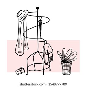vector black hanger with cloak, backpack and umbrella