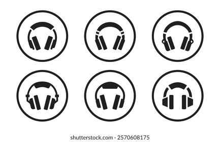 Vector Black Headphone Icons In Circle