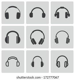 Vector black headphone icons set on white background