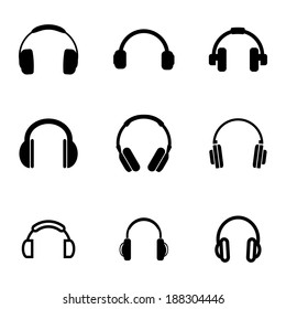 Vector black headphone icons set on white background