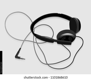 Vector black headphones icon with shadow, earphones, isolated on white background