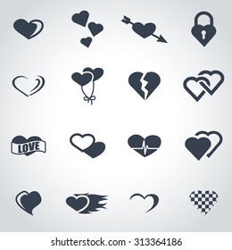 Vector black heart icon set.