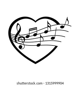 Vector black heart with notes and violin key. Isolated on white background.