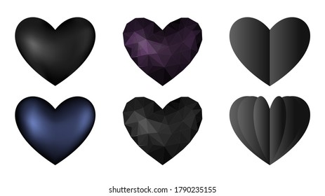 Vector black hearts icons set. Vector 3D illustration.Vector collection of black hearts on white background