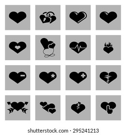 Vector black hearts icons set on grey background