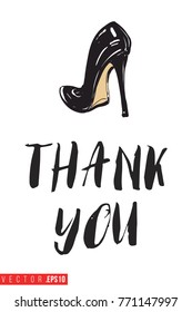 Vector black heel with motivational text: thank you. Fashion accessory illustration in glamour style for beauty salon, shop, blog print. Isolated symbol on white background.