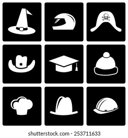 Vector black helmet and hat icon set on black background