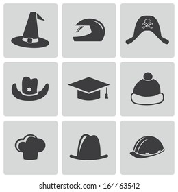 Vector black helmet and hat icons set