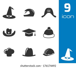 Vector black helmet and hat icons set on white background