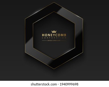 Vector black hexagon. Glossy luxury dark and golden line frame. Honeycomb shape border for photo, picture, congratulations, logo header. Realistic glass frame, reflection gold edge black background