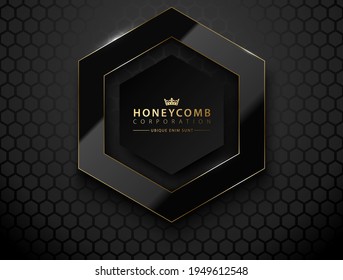 Vector black hexagon. Glossy luxury dark and golden line frame. Honeycomb shape border logo header. Realistic glass frame on black honeycomb grid background