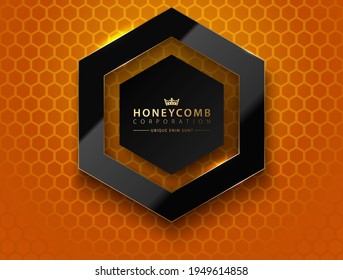 Vector black hexagon. Glossy luxury dark and golden line frame. Honeycomb shape border logo header. Realistic glass frame on orange honeycomb grid background