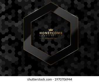 Vector black hexagon. Glossy luxury dark and golden line frame. Honeycomb shape border logo header. Realistic glass frame on black honeycomb glitter pattern background