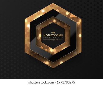 Vector black hexagon. Glossy luxury dark and golden line frame. Honeycomb shape border logo header on gold hex glitter layer. Realistic glass frame on black silk pattern background