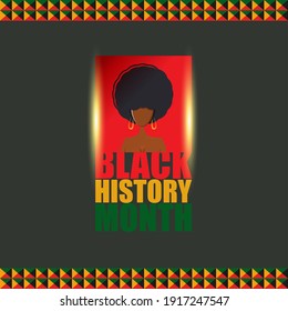 Vector black history month banner or poster with afro woman isolated on black background with African pattern