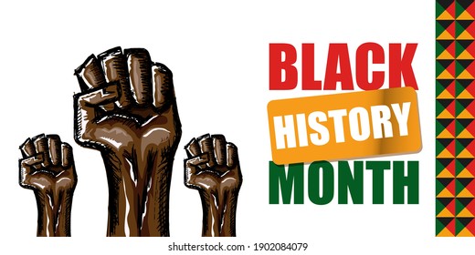 Vector black history month horizontal banner or poster with black man's fist isolated on white background.