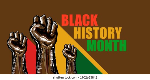 Vector black history month horizontal banner or poster with black man's fist isolated on brown background.