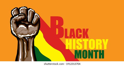 Vector black history month horizontal banner or poster with black man's fist isolated on orange background.
