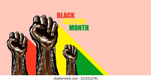 Vector black history month horizontal banner or poster with black man fist isolated on orange background.