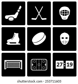 Vector black hockey icon set on black background