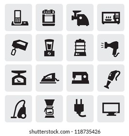 vector black home appliances icons set on gray