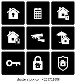 Vector black home security icon set on black background.