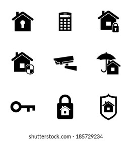 Vector black home security icons set on white background