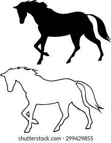 Vector black horse. Silhouette of a walking horse.