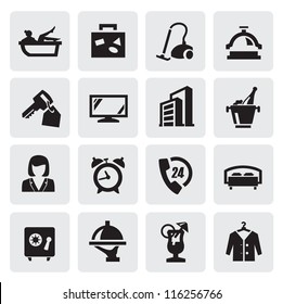 vector black hotel icons set on gray