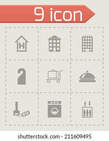 Vector black hotel icons set on grey background