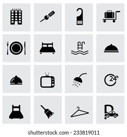 Vector black hotel icons set on grey background