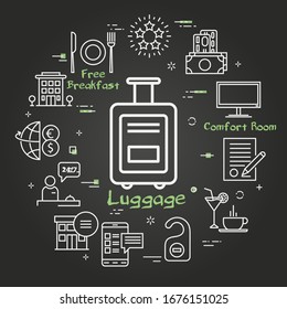 Vector black hotel service square concept - luggage bag with wheels