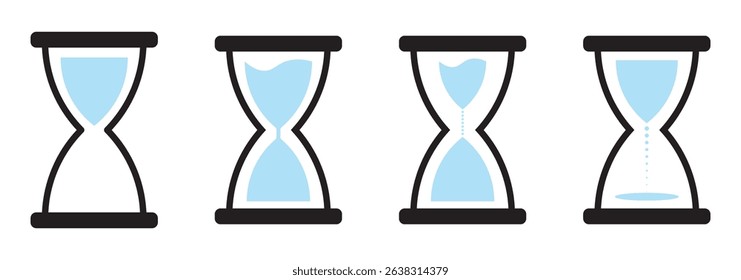 Vector black hourglass icons set on white background .Hourglass in pixels. The icon of a pixel clock made of sand glass. Vector illustration illustration of a set of objects. 