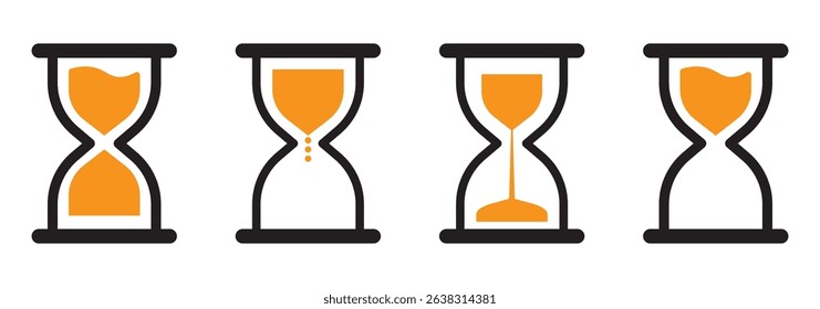 Vector black hourglass icons set on white background .Hourglass in pixels. The icon of a pixel clock made of sand glass. Vector illustration illustration of a set of objects. 