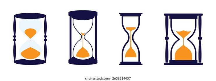 Vector black hourglass icons set on white background .Hourglass in pixels. The icon of a pixel clock made of sand glass. Vector illustration illustration of a set of objects. 