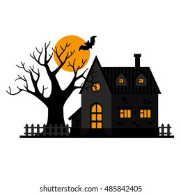 Vector Black House With Fence And A Tree With Orange Moon And A Silhouette Of Bat. Cute Halloween Card. Cartoon Illustration. Dark Sky. Night Tree