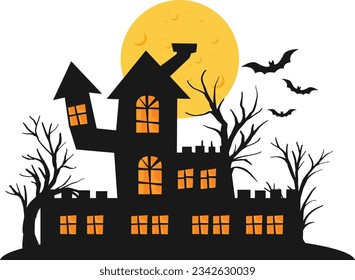 Vector black house with fence and trees with orange moon and bat silhouettes. Cute Halloween card