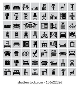 Vector Black House Furniture Icon Set On Gray