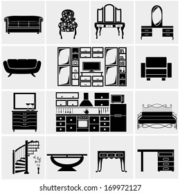 vector black house furniture icon set on gray