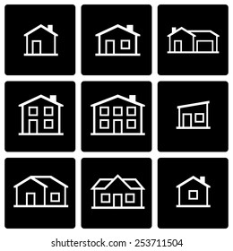 Vector black house icon set on black background