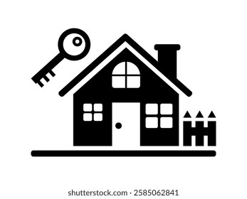 Vector black house silhouette, isolated on white background. Black house icon, sign or symbol, for representing real estate or property concepts. Geometric house logo with key and fence, for rent.