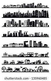 vector black houses and city icons set on white