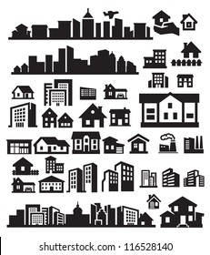 vector black houses icons set on gray