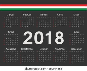 Vector black Hungarian circle calendar 2018. Week starts from Sunday.