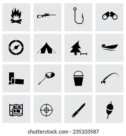 Vector black hunting icons set on grey background.