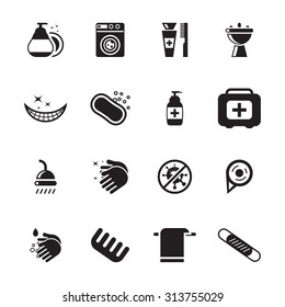 Vector black hygiene icon set on white background