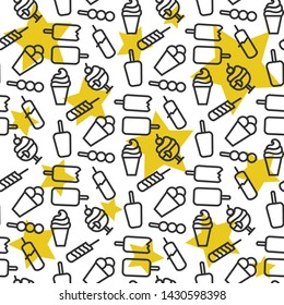 Vector black ice cream seamless pattern pictogram,symbol.Sweet food sign iisolated on a white background and stars in thin line style