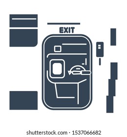 Vector black icon airplane interior, door exit on the plane