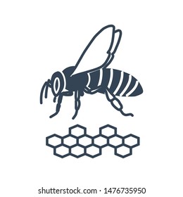 Vector black icon bee and honeycomb, honey cells